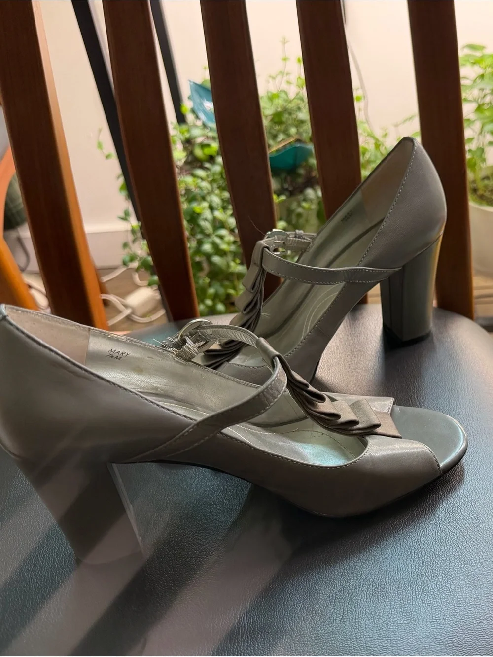 Tahari Gray Mary Peep-Toe T-Strap Heels with Ruffle Accent